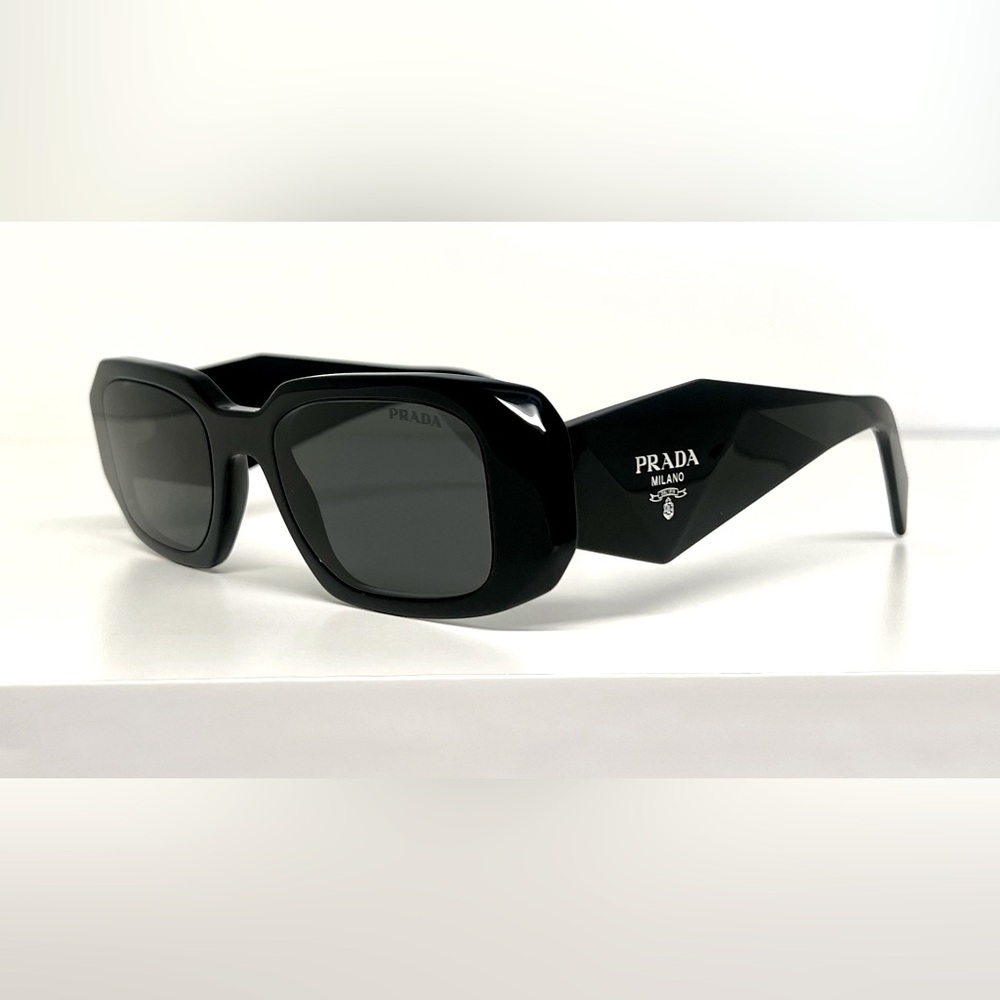 Prada PR 17WS 1AB5S0 Black Plastic Rectangle Sunglasses Grey Lens